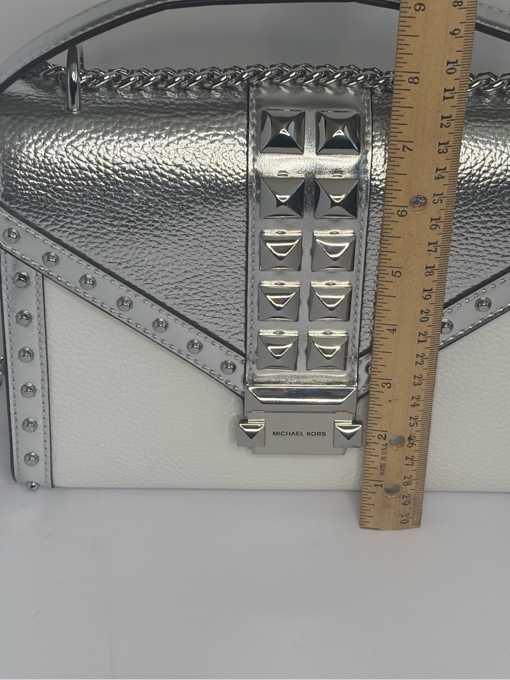 NWT Michael Kors Whitney Silver Metallic Studded Chain Crossbody - Picture 6 of 11